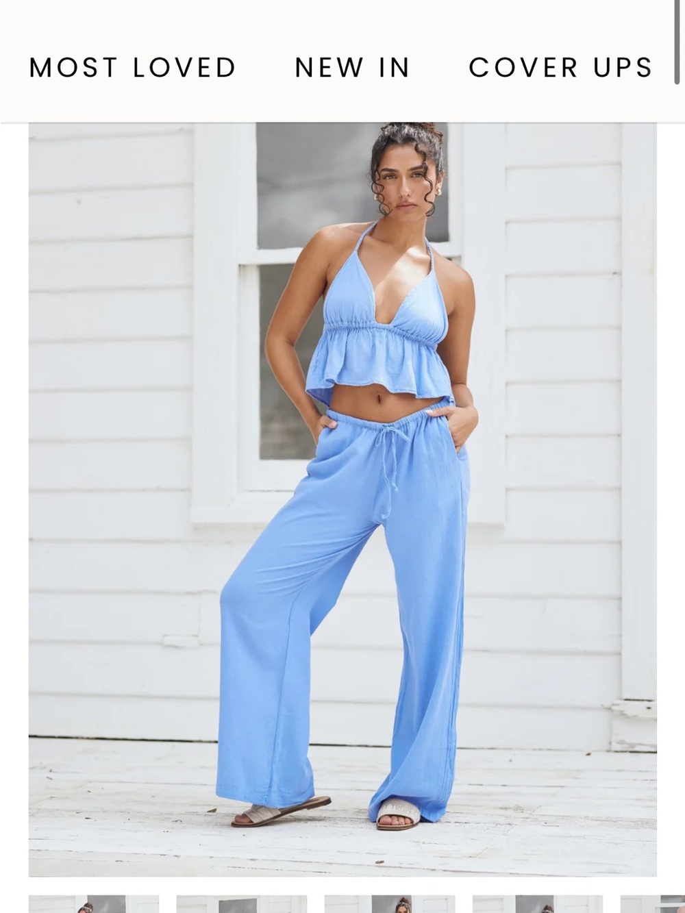 Blue 100% Cottom Wide Leg Drawstring Pants